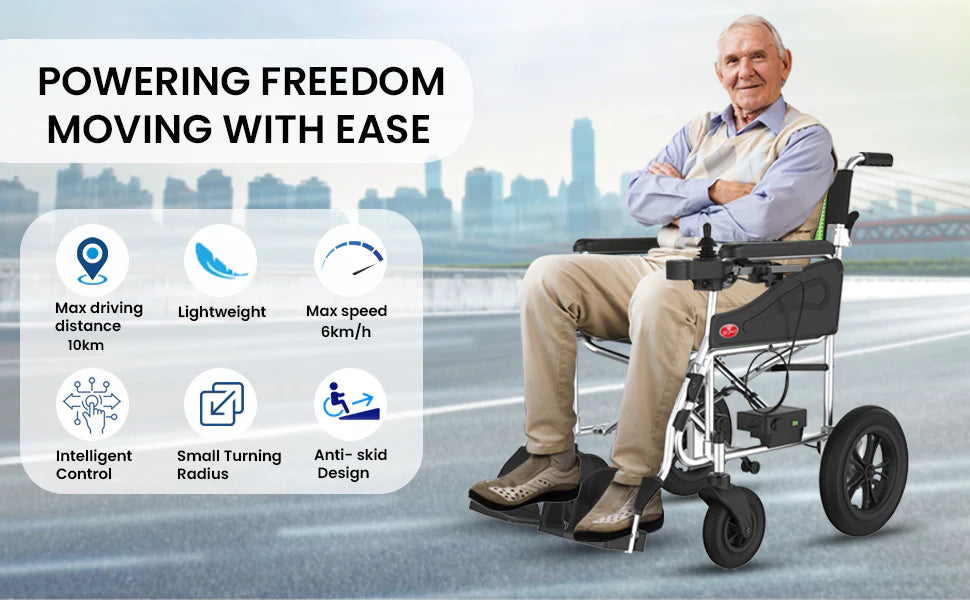 Man using a modern electric wheelchair with cityscape background and feature icons on the left.
