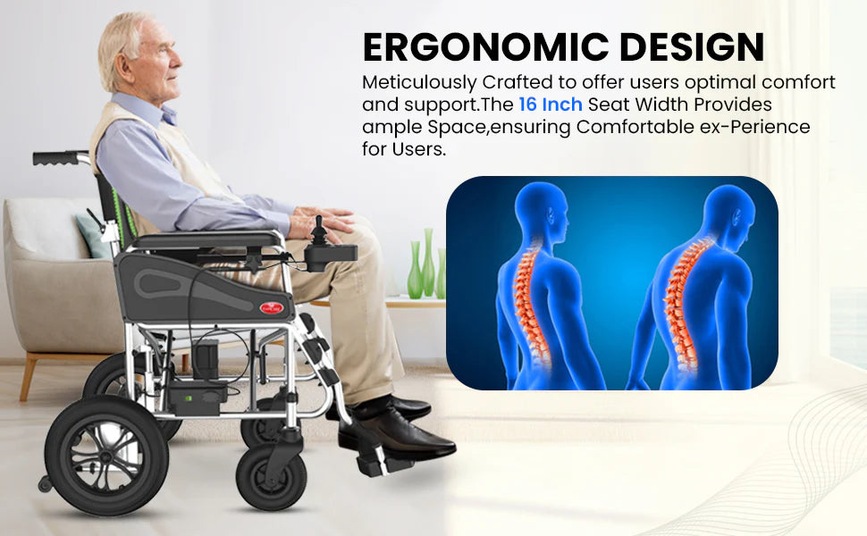 Man using a electric wheelchair with ergonomic design features highlighted on a white background