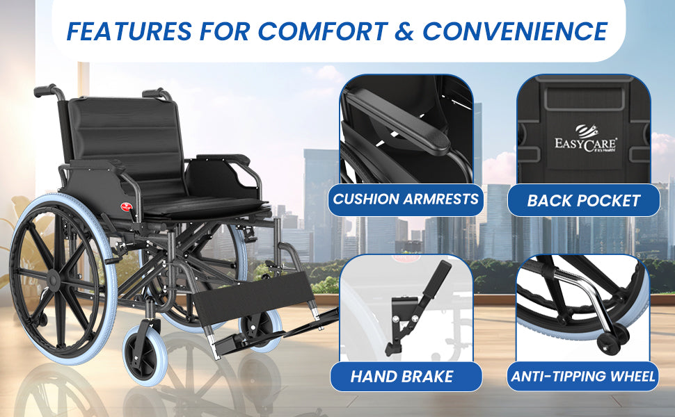 Wheelchair with features for comfort and convenience highlighted, including cushion armrests, back pocket, hand brake, and anti-tipping wheel.