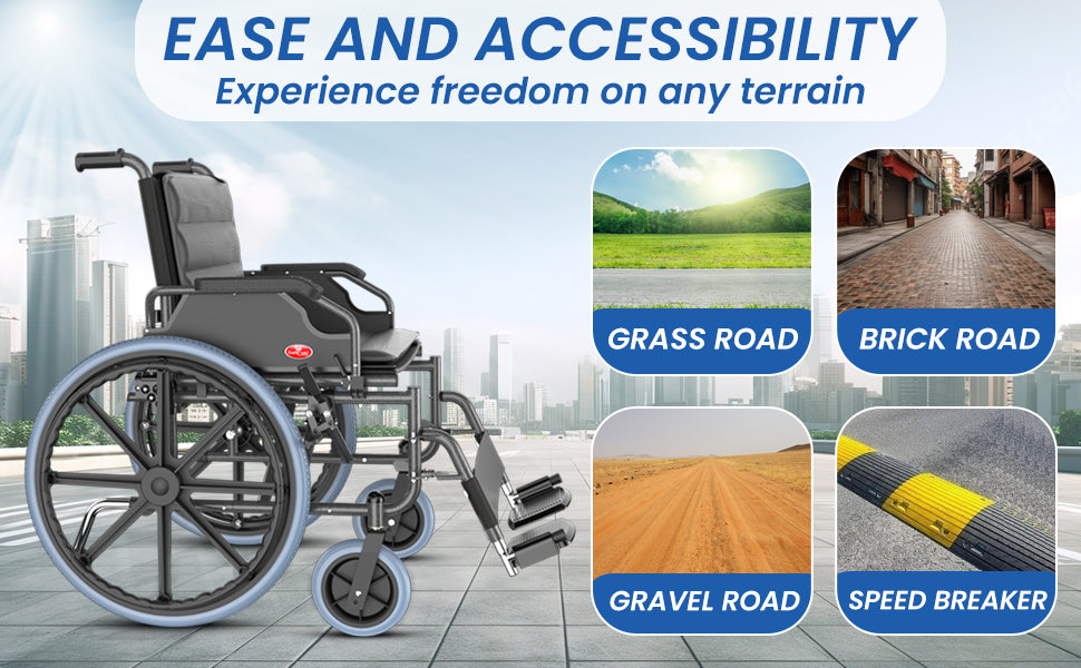 Wheelchair with text on ease and accessibility over a cityscape background