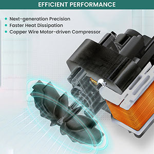 Copper wire motor-driven compressor  of nebuliser with text on efficient performance