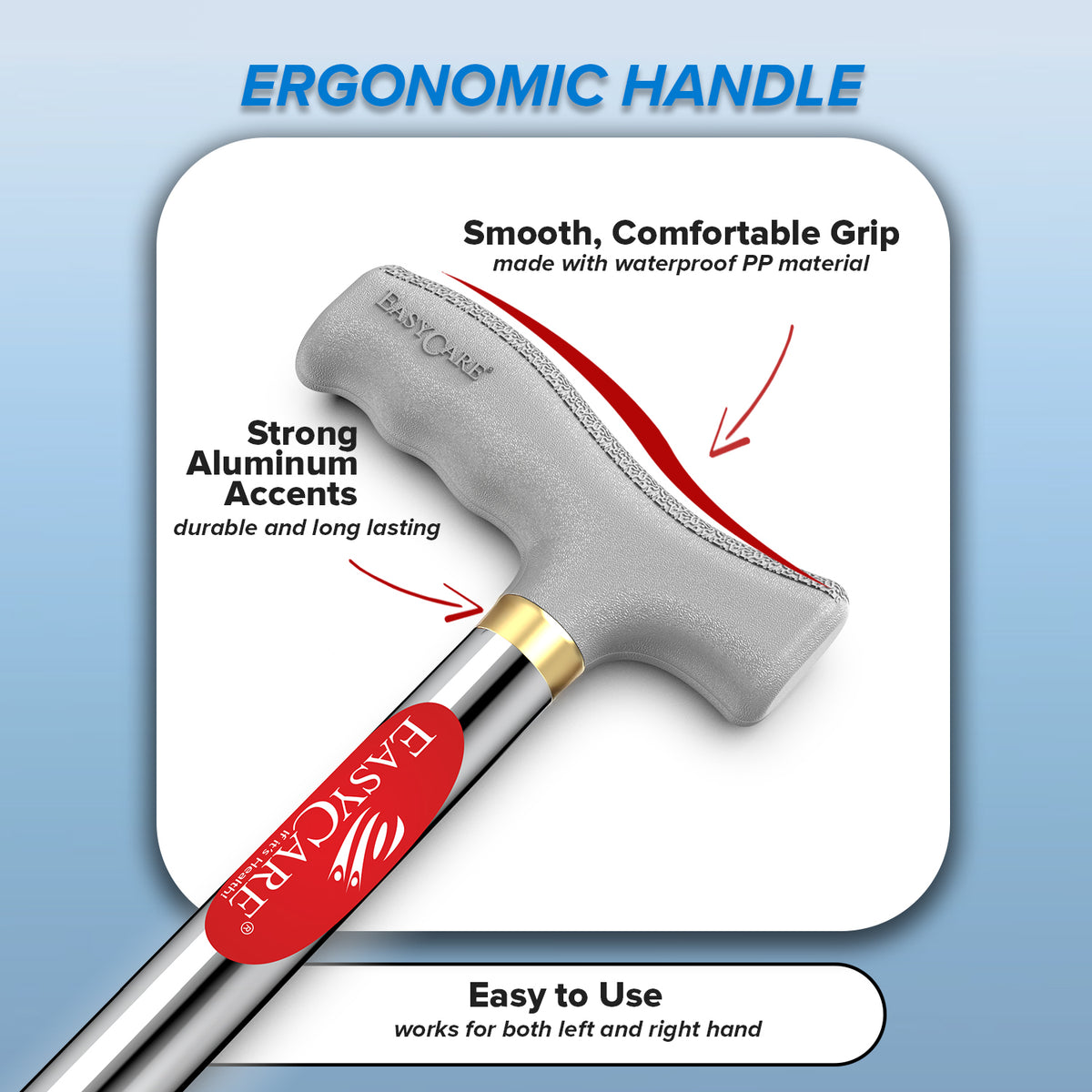 walking stick handle with text highlighting features on a blue background