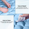 Blue bubble cushion with puncture repair kit and cleaning demonstration on a white background