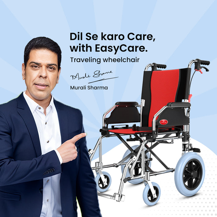 EASYCARE Portable Aluminum Wheelchair with Locking Hand Brakes, 12” Rear Wheels, Foldable Backrest, Capacity upto 120 Kg