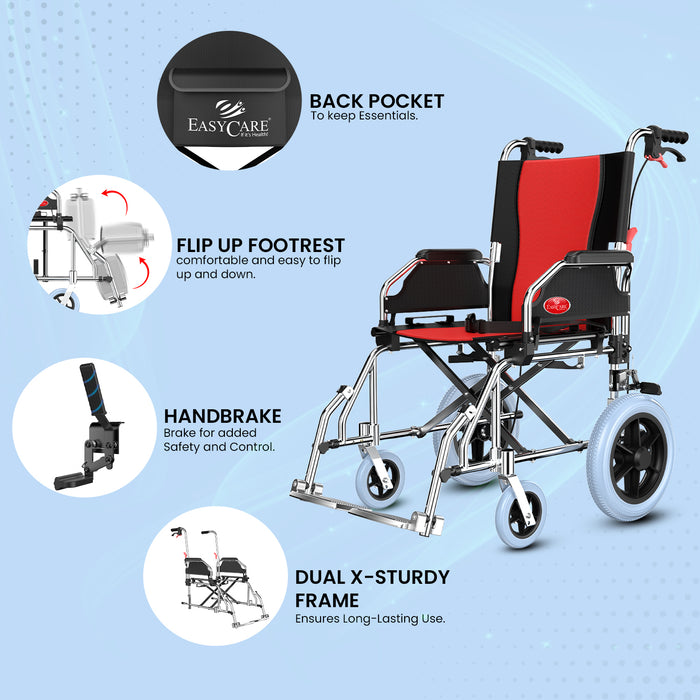 EASYCARE Portable Aluminum Wheelchair with Locking Hand Brakes, 12” Rear Wheels, Foldable Backrest, Capacity upto 120 Kg