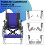 An infographic demonstrating the folding process of a wheelchair's foldable aluminum footplate, emphasizing its compact design for easy storage.