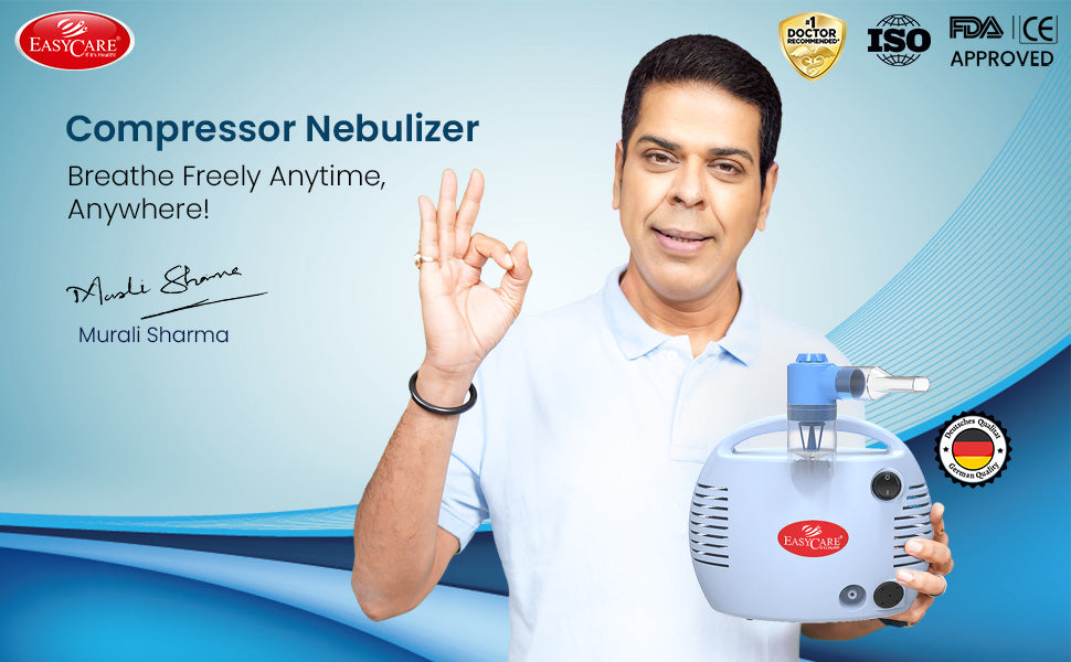 Person holding a compressor nebulizer with branding and certification logos on a blue background
