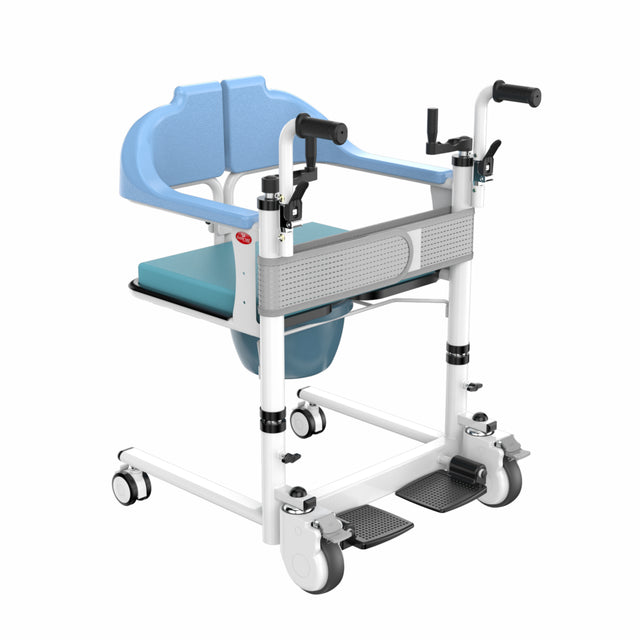 patient transfer chair with blue seat and white frame on a white background