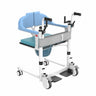 patient transfer chair with blue seat and white frame on a white background