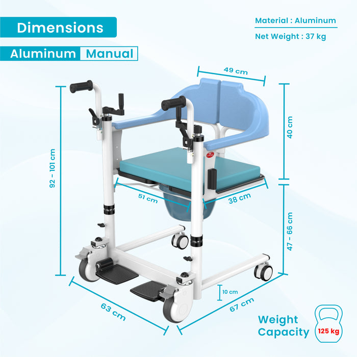 EASYCARE® Aluminium Patient Transfer Wheelchair with Adjustable Drop-Down Handle, 360° Wheels, Shower-Friendly Design, 125 kg Capacity