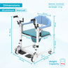 Aluminum manual patient transfer chair with dimensions and weight capacity on a light blue background