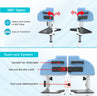 Illustration of a patient transfer chair with dual lock system features on a light blue background.