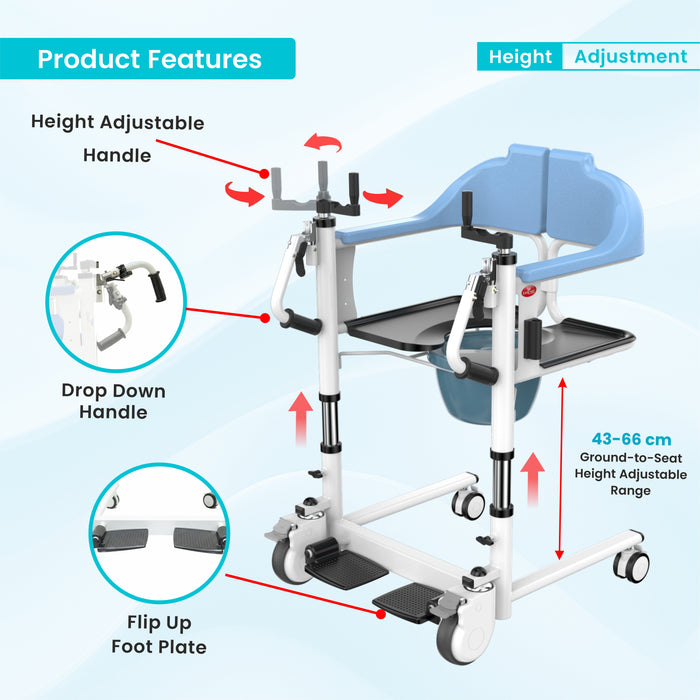 EASYCARE® Aluminium Patient Transfer Wheelchair with Adjustable Drop-Down Handle, 360° Wheels, Shower-Friendly Design, 125 kg Capacity