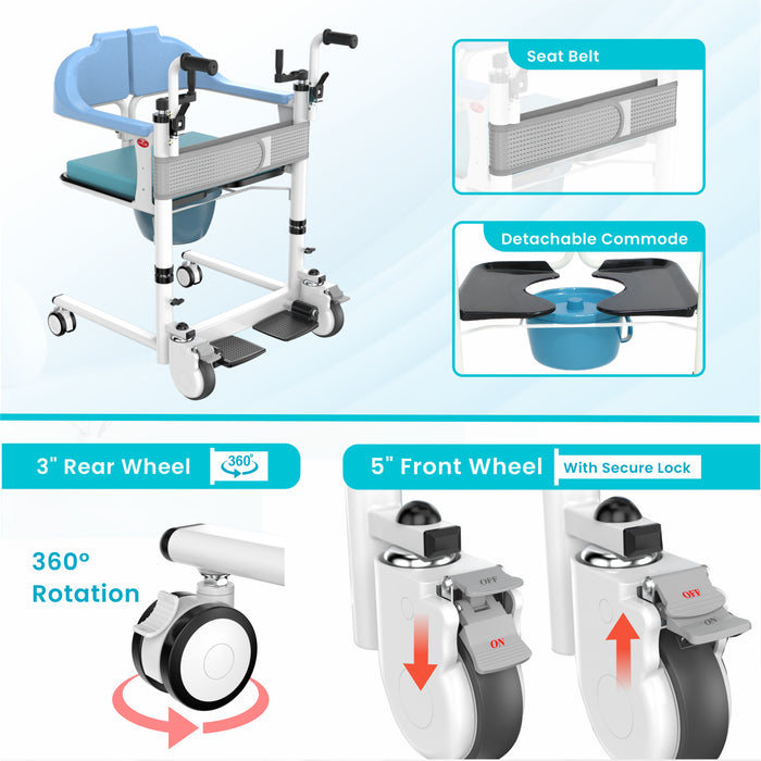 EASYCARE® Aluminium Patient Transfer Wheelchair with Adjustable Drop-Down Handle, 360° Wheels, Shower-Friendly Design, 125 kg Capacity