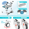Medical device with detachable patient transfer chairfeatures on a light blue background.