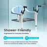 patient transfer chair with text highlighting durability and shower-friendliness on a blue tiled background