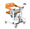 patient transfer chair with orange seat and white frame on a white background
