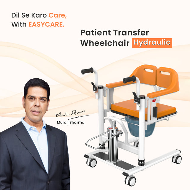 patient transfer chair with a man in a suit next to it, featuring EASYCARE branding.