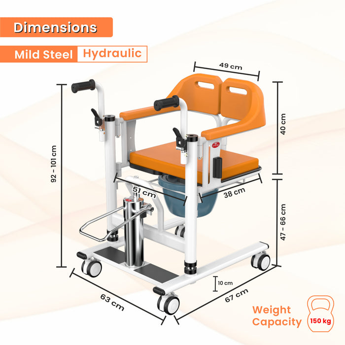 Measurement chart of a medical lift chair with dimensions and weight capacity on an orange background.