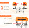 Illustration of a dual lock system of patient transfer chair with orange handles and labeled components on a white background.