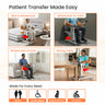 Product advertisement showing patient transfer chair with images of a bed to wheelchair, wheelchair to toilet, wheelchair to sofa, and dining table transfer.