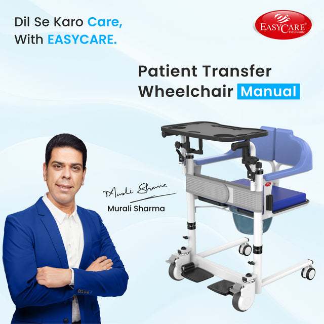 EASYCARE patient transfer wheelchair manual with a man in a blue suit on a light blue background