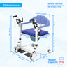 Measurement chart of a patient transfer chair with dimensions and weight capacity on a light blue background