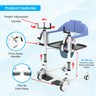 Detailed view of a height-adjustable patient transfer chair with labeled features on a light blue background