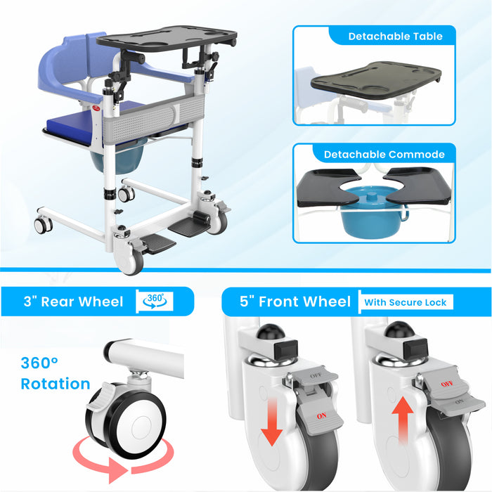 EASYCARE® Manual Patient Transfer Wheelchair with Mild Steel Frame, Adjustable Drop-Down Handle, 360° Rear Wheels, Cushion Seat, Dual Lock System, 125 kg Capacity