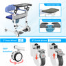 patient transfer chair with detachable table and commode, featuring wheels and lock details.
