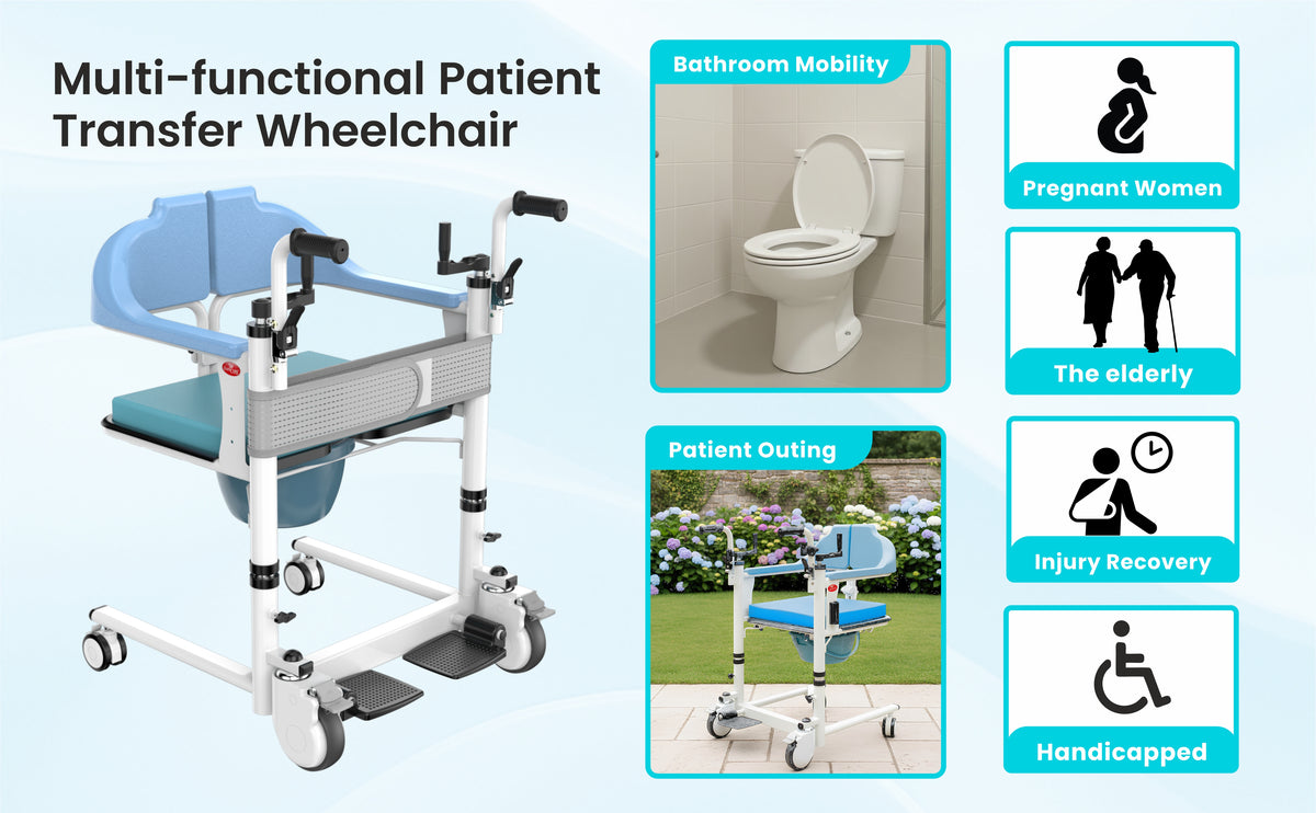 Multi-functional patient transfer wheelchair with images and icons indicating its uses.
