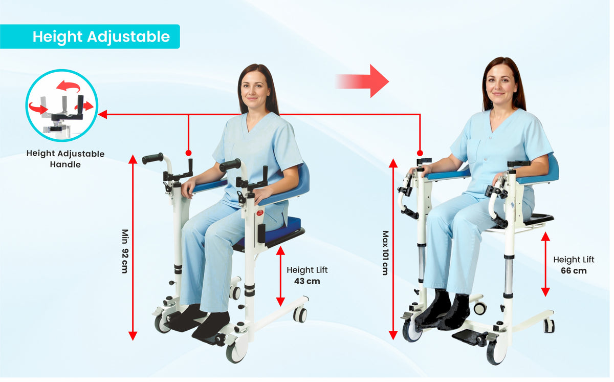Illustration of a height-adjustable patient transfer with a woman using it, showing measurements on a light blue background.