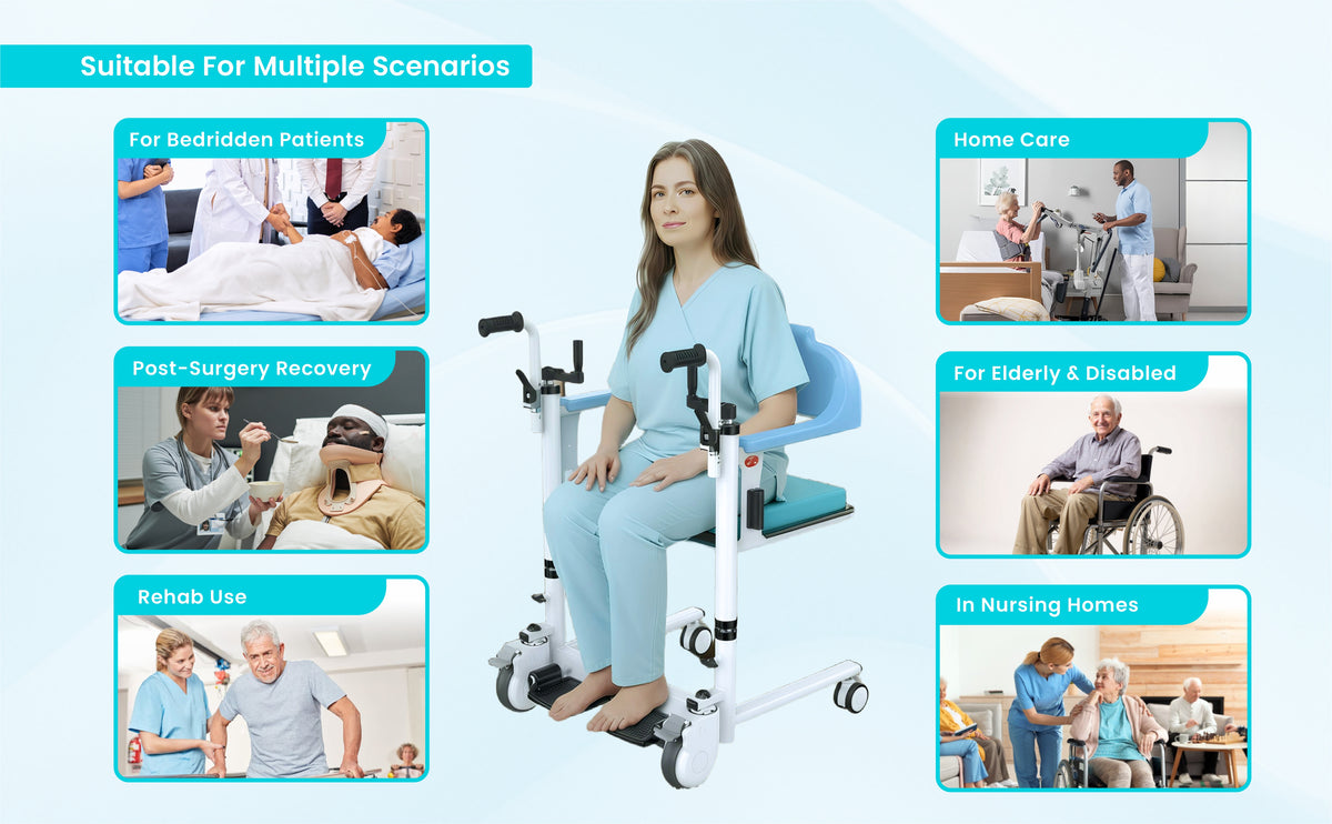 patient transfer with various scenarios for use, including bedridden patients, post-surgery recovery, home care, elderly and disabled, rehab, and nursing homes.