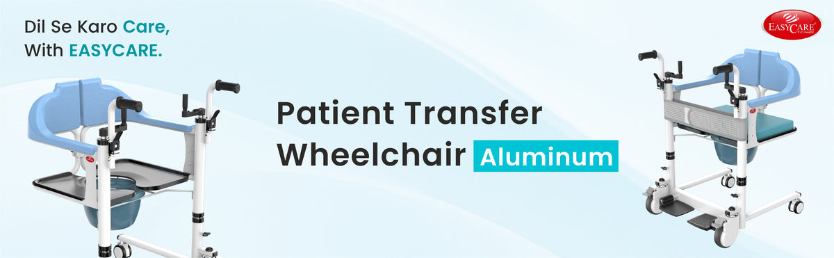 Patient transfer wheelchair with EASYCARE branding on a light blue background