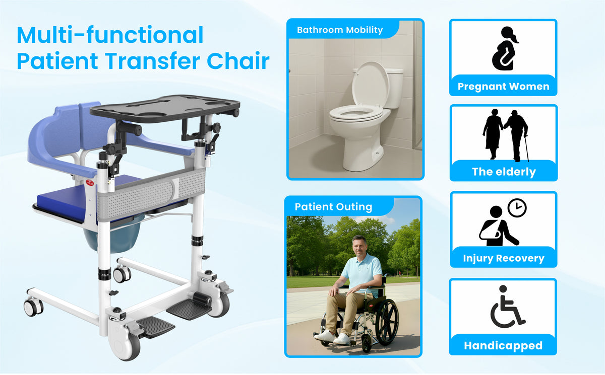 Multi-functional patient transfer chair with images and icons indicating its use cases.