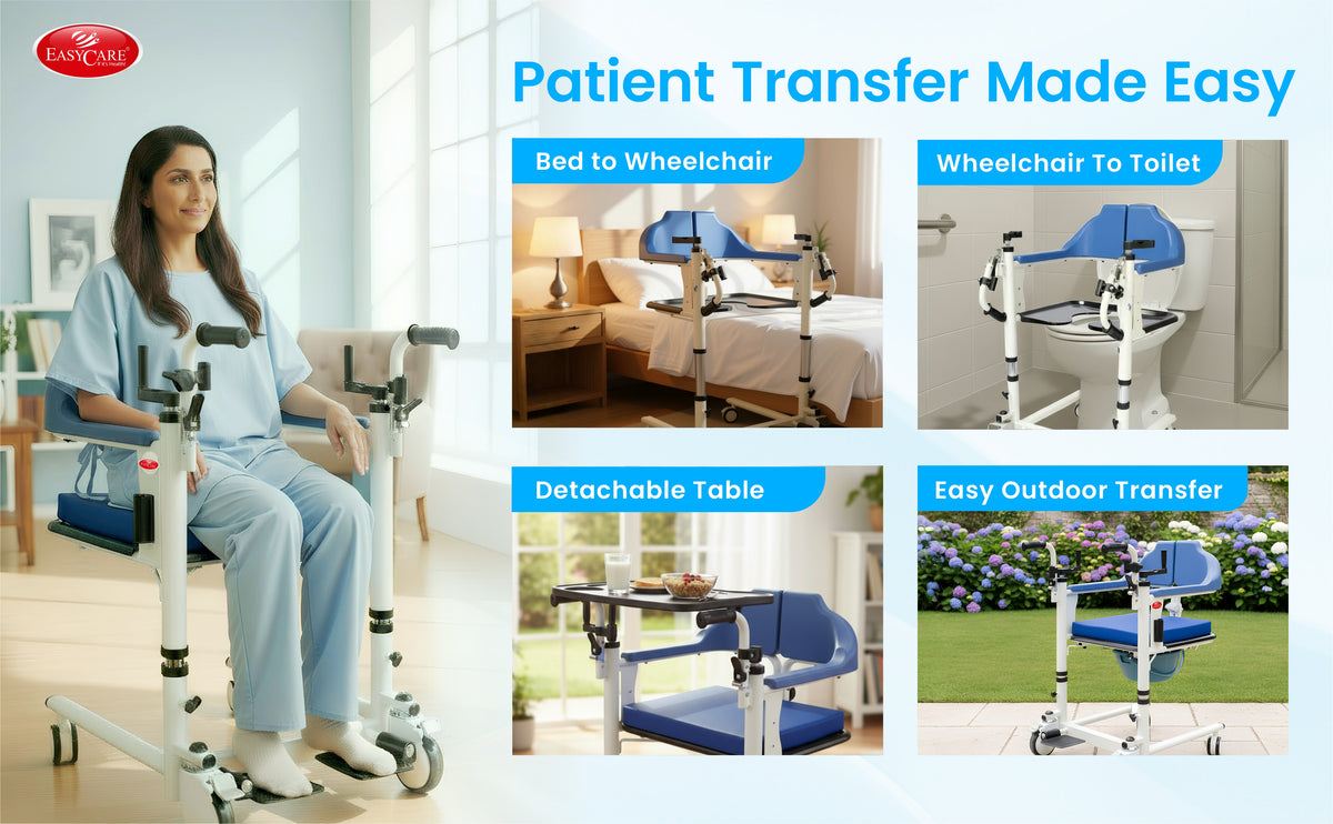 Medical equipment for patient transfer chair with images of a woman using the equipment and text 'patient transfer chair Made Easy'.