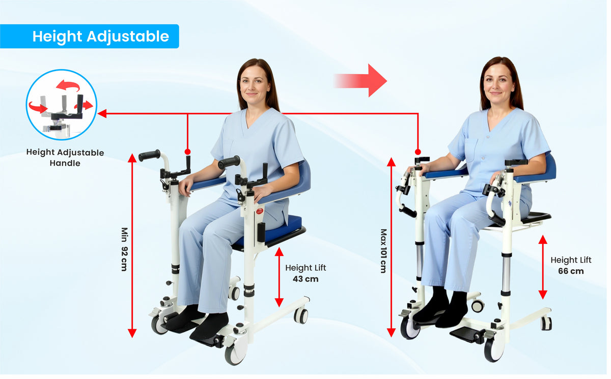 Diagram showing a height-adjustable patient transfer chair with measurements and a person using it.