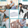 A collage highlighting the versatility of the white commode riser for different user groups, featuring a central product shot surrounded by images labeled "Handicapped," "Pregnant," "Injuries," and "Elder" to illustrate its suitability for individuals with disabilities, joint pain, or pregnancy-related mobility issues.