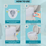 promotional image featuring an elderly person wearing a blue floral hospital gown sitting on a toilet equipped with a white commode riser. The text at the top of the image reads, "COMFORTABLE DESIGN: Makes it easier for users to sit or stand