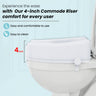 Promotional graphic displaying a side view of a white toilet fitted with a 4-inch commode riser, highlighting the 4-inch height measurement and features like easy cleaning and comfort.