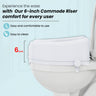 A promotional graphic featuring a side view of a white toilet bowl fitted with a white, 6-inch commode riser. A measurement bracket highlights the height of the seat attachment with the text "6 inch" in red. The main headline reads, "Experience the ease with Our 6-inch Commode Riser comfort for every user." Two bullet points with icons list the features: "Easy and comfortable to use" and "Easy to clean.