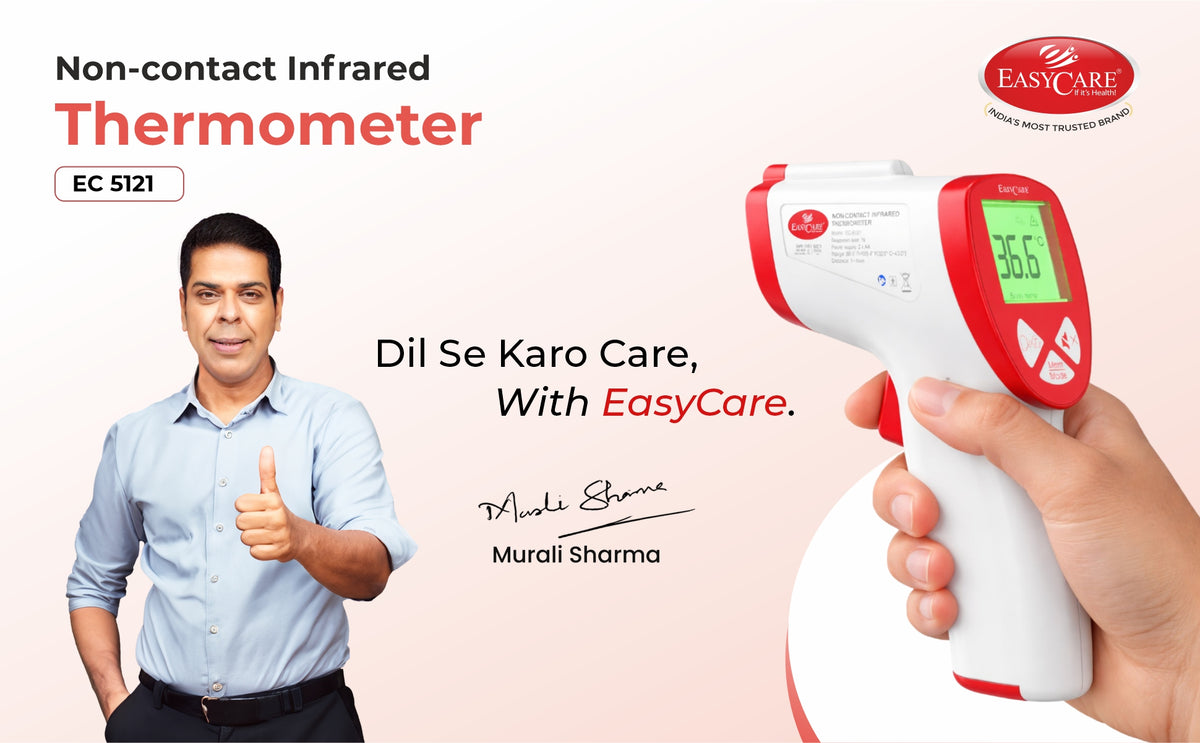 Advertisement for EasyCare non-contact infrared thermometer with a person giving a thumbs up.