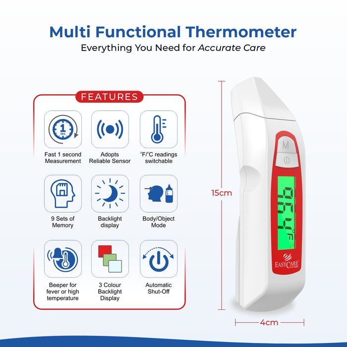 EASYCARE Infrared Forehead & Ear Thermometer for Adults, Kids & Babies , Non-Contact Digital Thermometer with Object Mode ,Instant 1-Second Reading , Fever Alarm , LCD Display , Memory Recall , White
