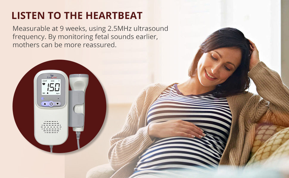 Pregnant woman using a fetal doppler with text about its features.