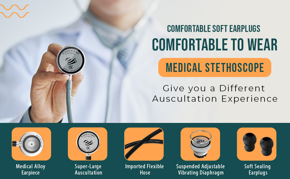 Person holding a stethoscope with text about comfortable soft earplugs and medical stethoscope features.