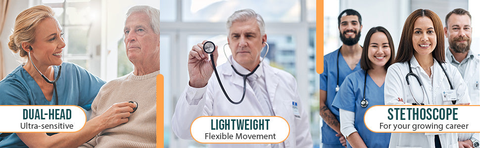 Collage of medical professionals with stethoscopes, emphasizing features like dual-head sensitivity and lightweight design.