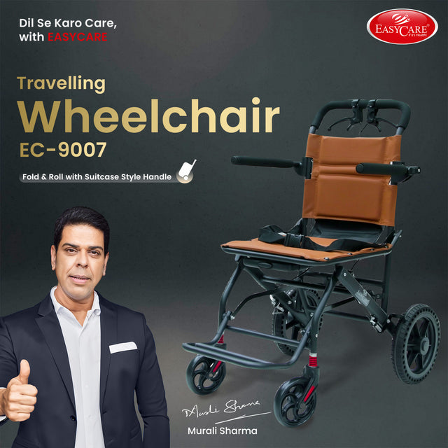 EASYCARE travelling wheelchair EC-9007 with a man giving a thumbs-up on a dark background