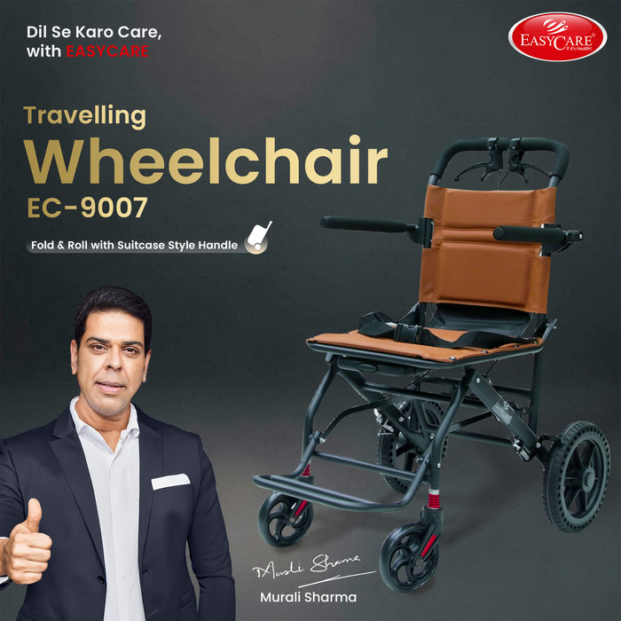 EASYCARE Portable Mild Steel Traveling Wheelchair with 105 kg Capacity, Attendant Brake, Safety Belt, Back Pocket, Carry Bag, and Handle Feature for Easy Travel and Mobility (EC9007)