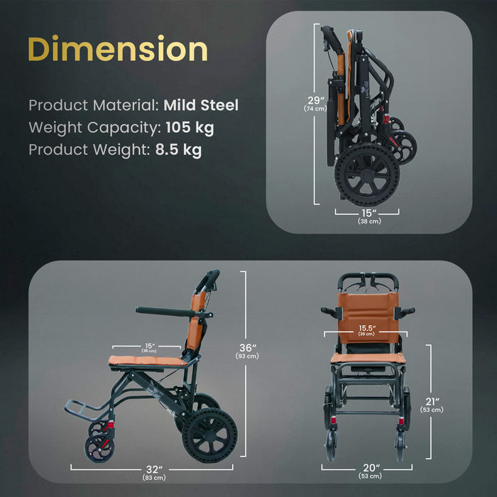 EASYCARE Portable Mild Steel Traveling Wheelchair with 105 kg Capacity, Attendant Brake, Safety Belt, Back Pocket, Carry Bag, and Handle Feature for Easy Travel and Mobility (EC9007)