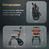 Dimensions and specifications of a traveling wheelchair on a dark background